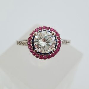 18k Red, White & Blue Halo Ring